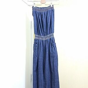 Body Central Blue Denim Strapless Smocked Wide Leg Jumpsuit Small